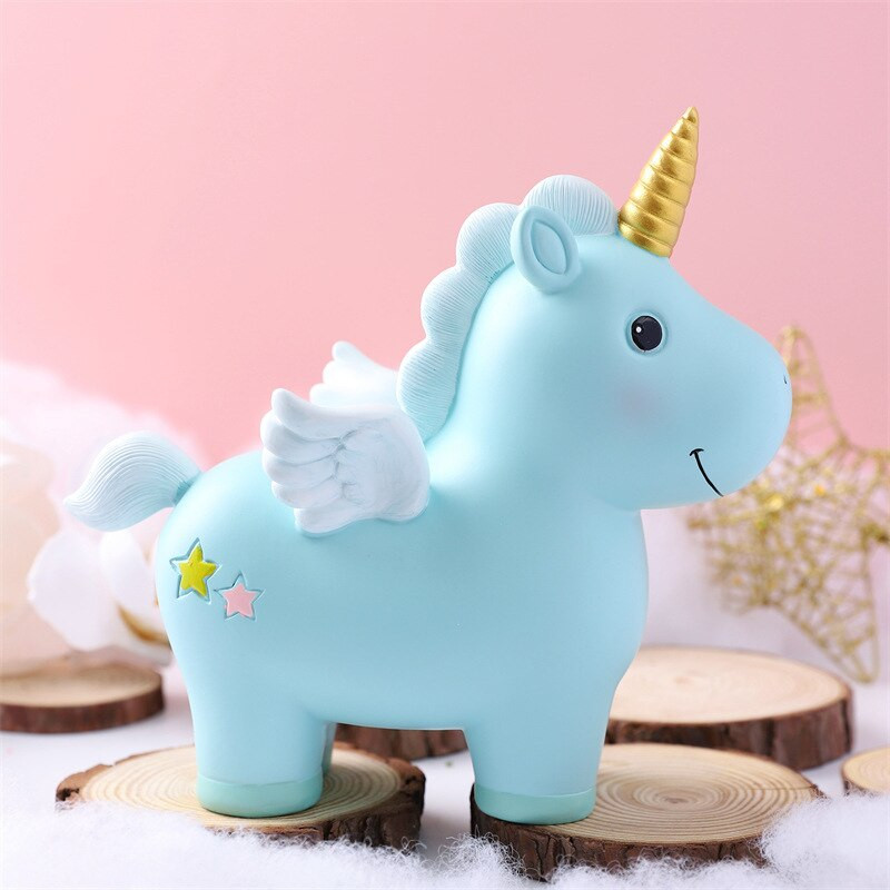 Pușculiță cu unicorn cu desene animate drăguț pentru copii, fete, băieți, cutie mare de economii de bani pentru animale din rășină, cutie organizatoare, suport pentru monede