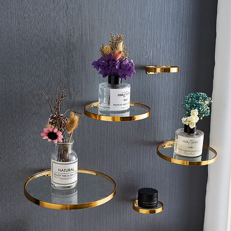 Raft de perete din metal creativ Suport de perete cu oglindă din sticlă aurie Decorarea casei Raft modern INS Raft Lumânări Suport organizator de afișare