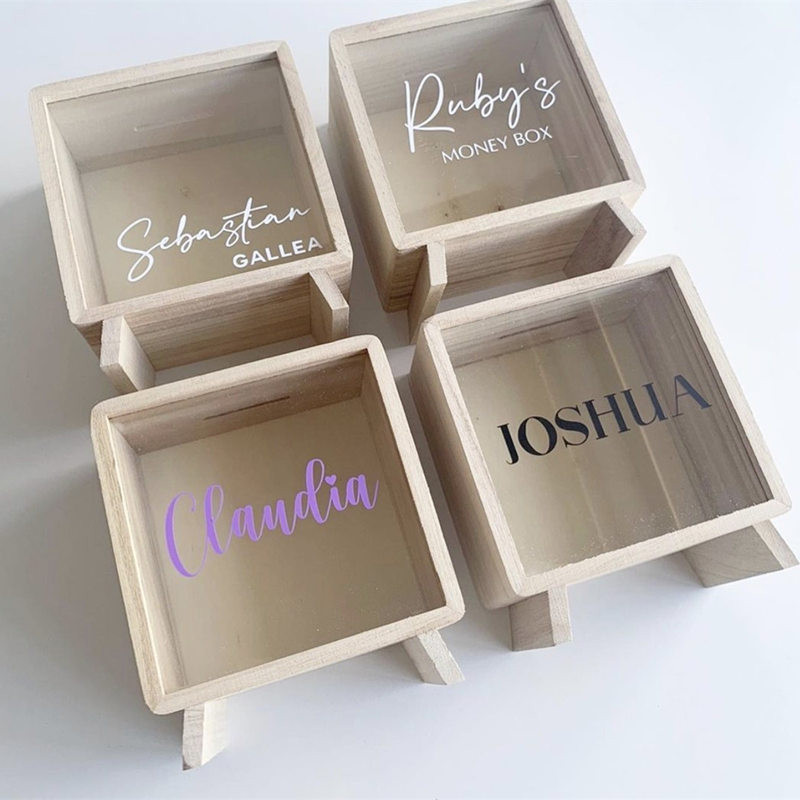 Individualizuotos medinės Piggy Bank Medinės pinigų dėžutės darbastalio papuošalai Išvertimo rezervuarai Vaikams Monetų skaičiavimo Talpyklos Taupymo indeliai Amatai