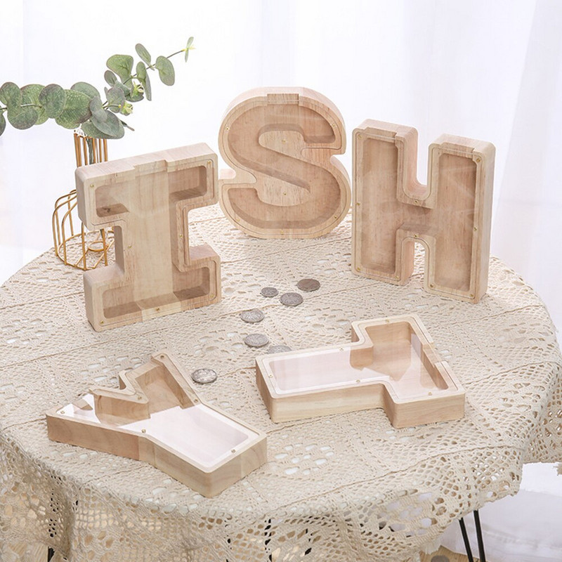 Huszonhat betűs fa malacpersely érme pénz tömör fa takarékdoboz érmék tárolás asztali díszek, kézműves karácsonyi ajándékok