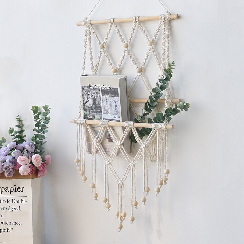 Macrame könyvespolc dekorációs falipolc Boho lakberendezési függőpolc fali könyvespolc magazinállvány Esztétikus szobadekorációs polcok