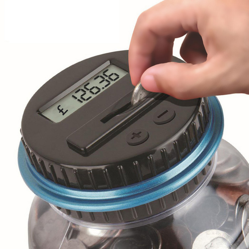 1,8 l Piggy Bank skaitiklių monetų elektroninis skaitmeninis LCD skaičiuojamas monetų taupymo dėžutė Stiklainių monetų laikymo dėžutė už USD EURO GBP Pinigai