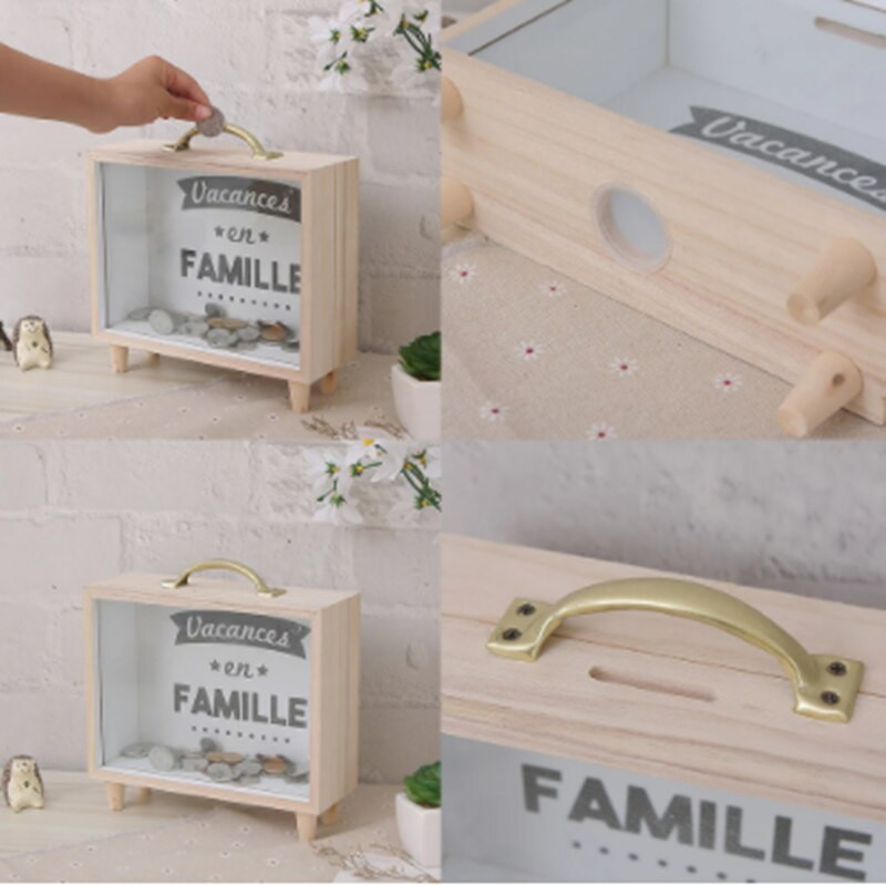 Pușculiță din lemn Pușculiță transparentă poate economisi Retrage bani Monede Schimbarea numerarului Decor pentru birou pentru acasă Cadou pentru copii