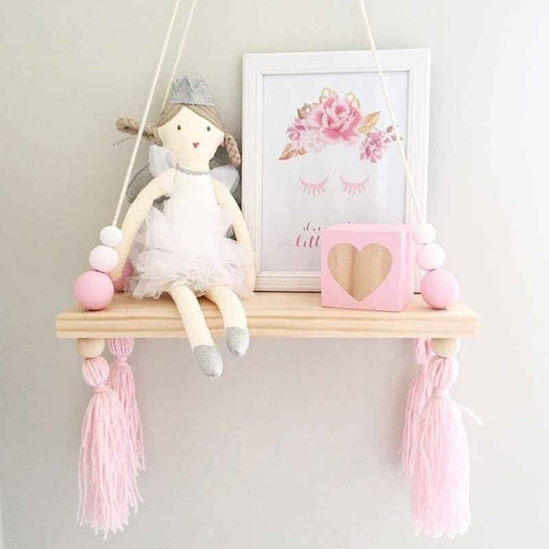 Stil nordic Mărgele colorate ciucuri Raft de perete din lemn Decor clapetă de perete Camera copiilor Magazin de îmbrăcăminte Suport de afișare