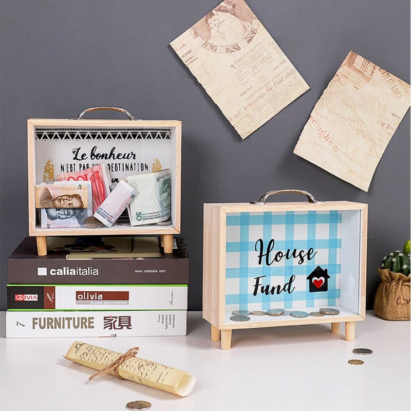 Kūrybinė pinigų laikymo dėžutė permatomas medinis rėmas Piggy Banks Vaikams Dovanų taupymo Pinigų Dėžutė Monetų Pinigų dėžutė Namų dekoras