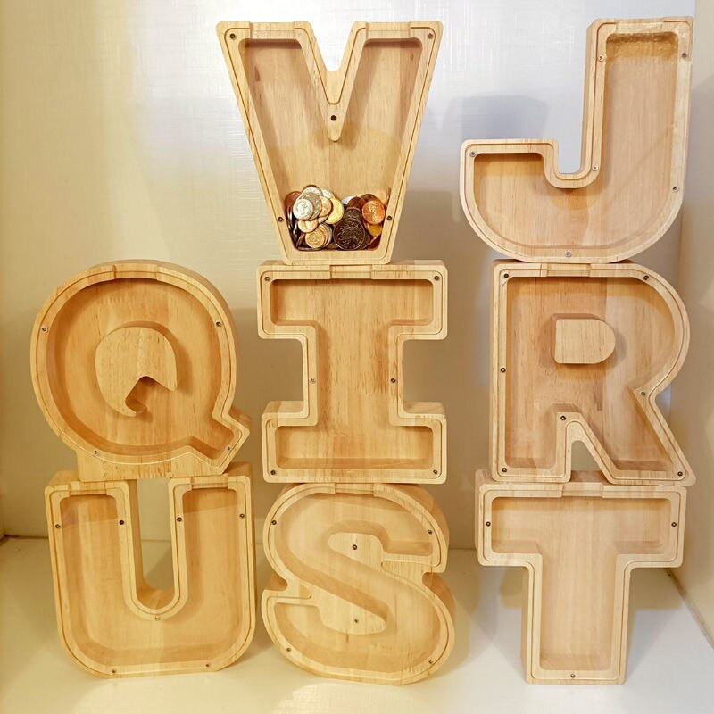 Douăzeci și șase de alfabet englezesc Pușculiță Monede din lemn Cutie de economisire a banilor Borcane Cutie de depozitare pentru monede Ornament de birou Artizanat