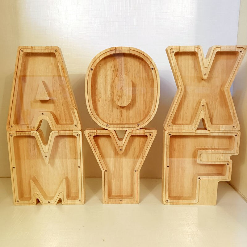 Douăzeci și șase de alfabet englezesc Pușculiță Monede din lemn Cutie de economisire a banilor Borcane Cutie de depozitare pentru monede Ornament de birou Artizanat