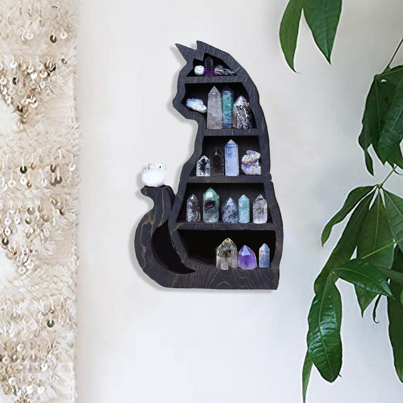 Cat in The Moon Raft din lemn de cristal Raft Crescent Raft Moon Raft pentru cristale Ulei esential Plant si Arta Decor Home
