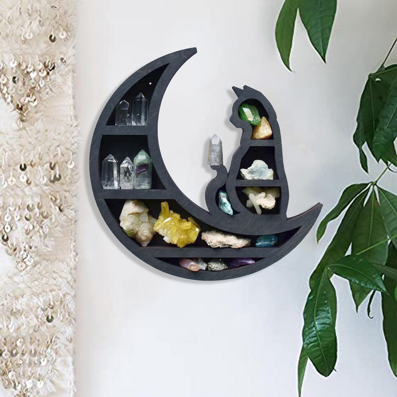 Cat in The Moon Raft din lemn de cristal Raft Crescent Raft Moon Raft pentru cristale Ulei esential Plant si Arta Decor Home