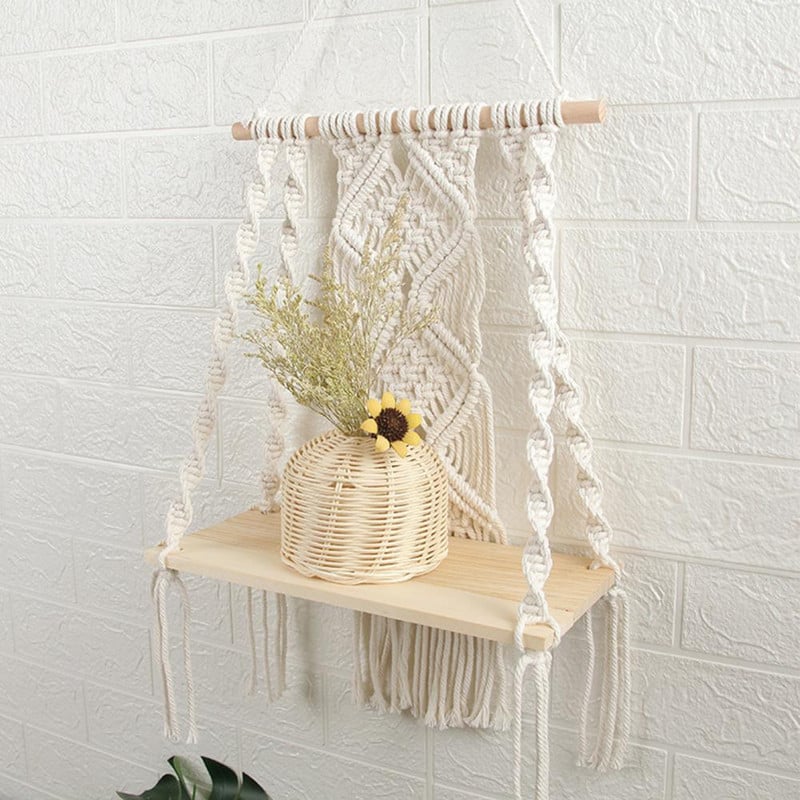 Raft de perete în stil boho, montat pe perete, țesut manual din lemn, macrame boem, rafturi pentru agățat de perete pentru camera de zi Raft pentru decorarea plantelor