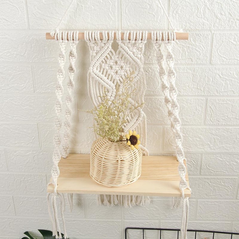 Raft de perete în stil boho, montat pe perete, țesut manual din lemn, macrame boem, rafturi pentru agățat de perete pentru camera de zi Raft pentru decorarea plantelor