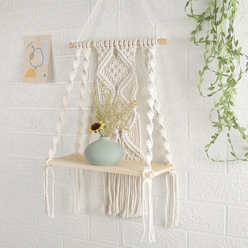 Raft de perete în stil boho, montat pe perete, țesut manual din lemn, macrame boem, rafturi pentru agățat de perete pentru camera de zi Raft pentru decorarea plantelor