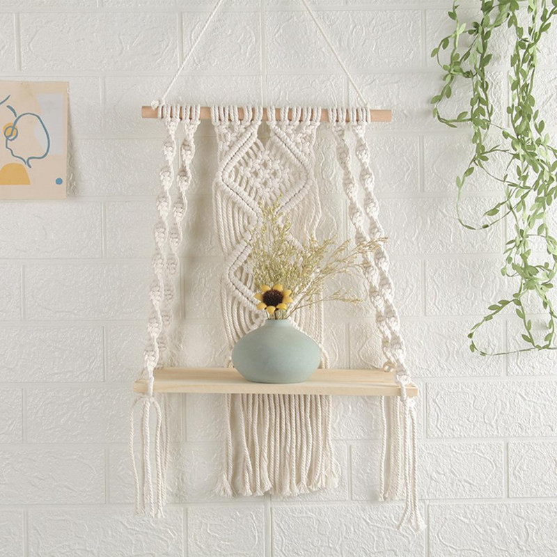 Raft de perete în stil boho, montat pe perete, țesut manual din lemn, macrame boem, rafturi pentru agățat de perete pentru camera de zi Raft pentru decorarea plantelor