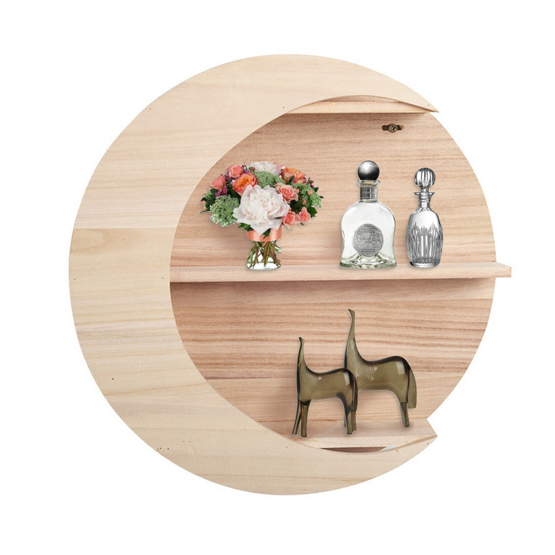 1 buc. Decor de perete rafinat în formă de lună Suport de depozitare montat pe perete din lemn Rafturi agățate din lemn Decor decor acasă