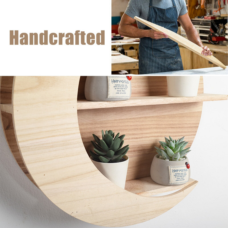 1 buc. Decor de perete rafinat în formă de lună Suport de depozitare montat pe perete din lemn Rafturi agățate din lemn Decor decor acasă