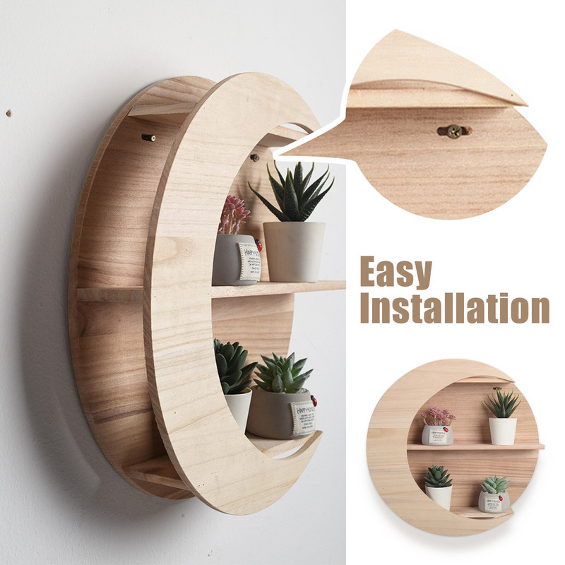 1 buc. Decor de perete rafinat în formă de lună Suport de depozitare montat pe perete din lemn Rafturi agățate din lemn Decor decor acasă