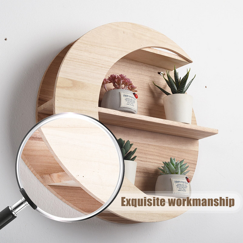 1 buc. Decor de perete rafinat în formă de lună Suport de depozitare montat pe perete din lemn Rafturi agățate din lemn Decor decor acasă