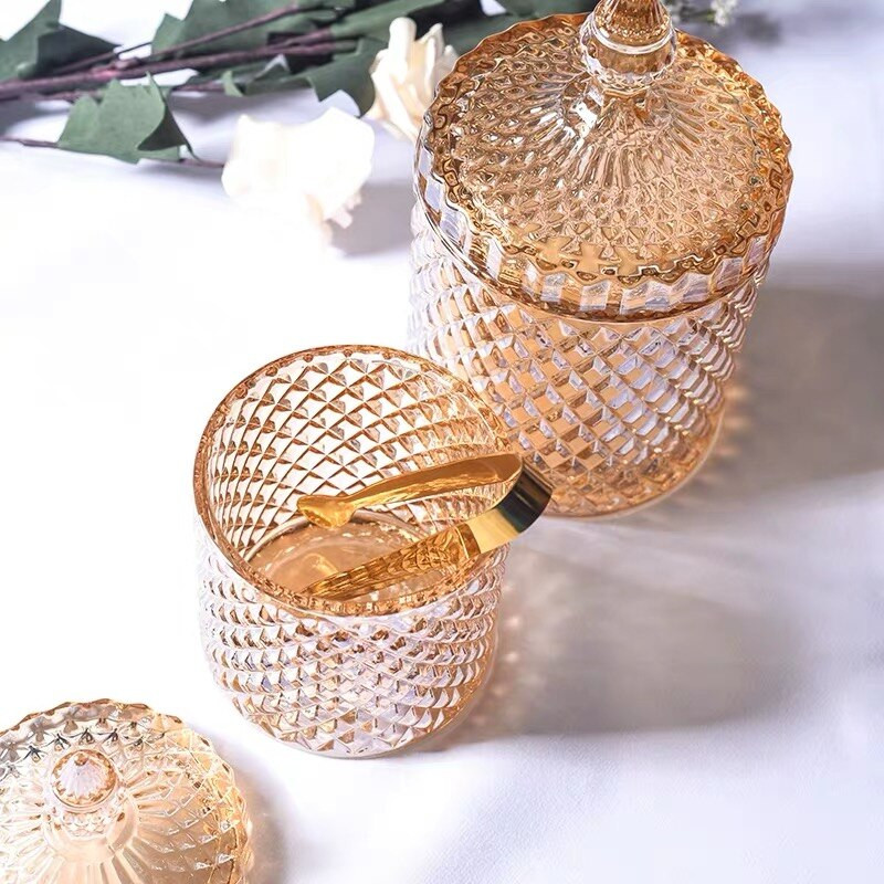 Borostyán kristály üveg tárolóedény fedelek 600 ml cukorka üveg üveg edény sütitartó pamut tampon doboz pamut háztartási dekoráció