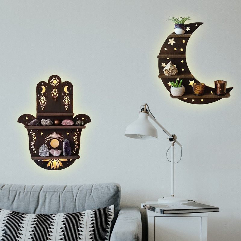 Sieninė krištolinė vitrina mėnulio lentyna medinė lentyna Sienų apdaila Medinė kaimiška vitrinos lentyna Svetainės miegamojo laikymo lentynos dekoras