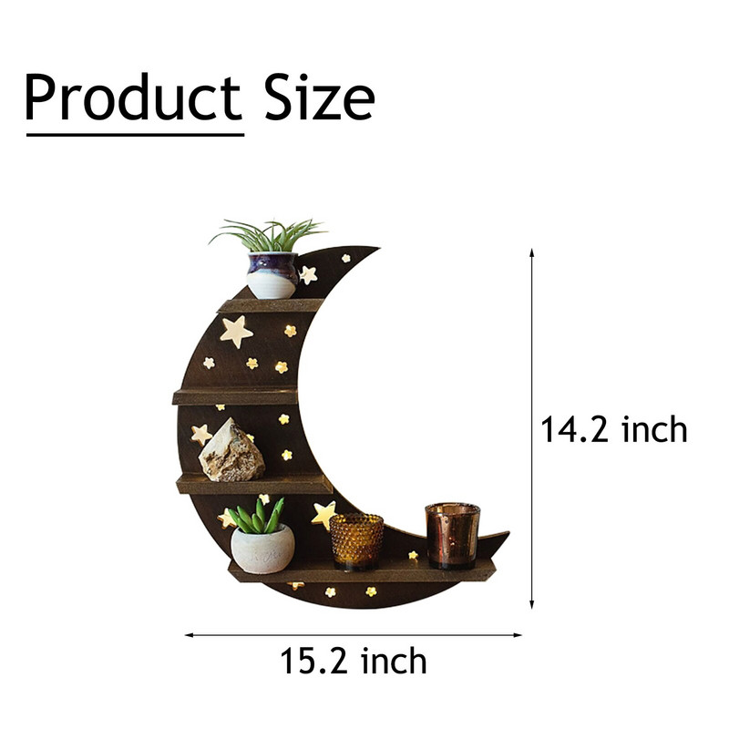 Sieninė krištolinė vitrina mėnulio lentyna medinė lentyna Sienų apdaila Medinė kaimiška vitrinos lentyna Svetainės miegamojo laikymo lentynos dekoras