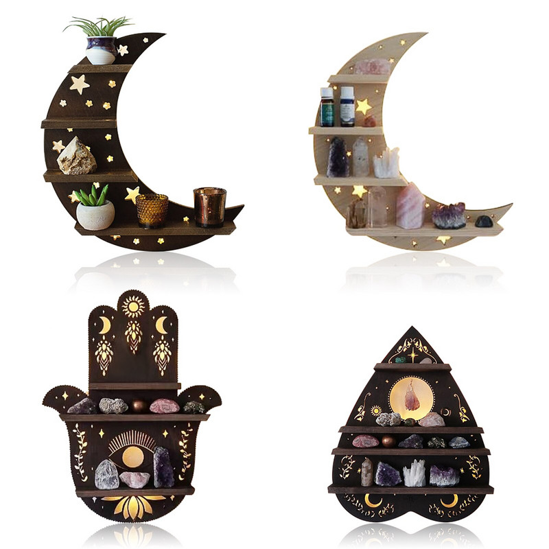 Sieninė krištolinė vitrina mėnulio lentyna medinė lentyna Sienų apdaila Medinė kaimiška vitrinos lentyna Svetainės miegamojo laikymo lentynos dekoras