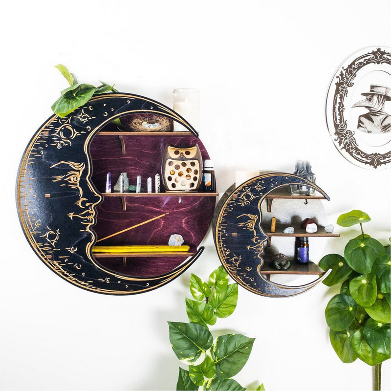 Raft plutitor de perete cu lună, cristal, ulei esențial, raft de afișare pentru sticle, suport decorativ montat pe perete, suport de afișare gotic rustic