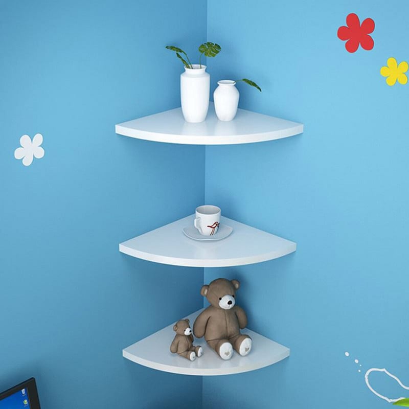 Kreatív háromszög ventilátor alakú tárolóállvány, fa sarokpolc, dekoratív falra szerelhető könyvespolc, különféle könyvespolc (fehér)