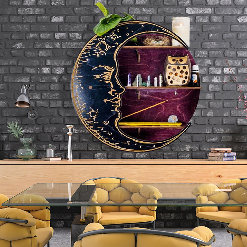 Raft decorativ din lemn Suport de depozitare în formă de lună, suspendat pe perete, pentru ochelari, Suport de cristal, Suport pentru raft pentru uleiuri esențiale Decor pentru casă