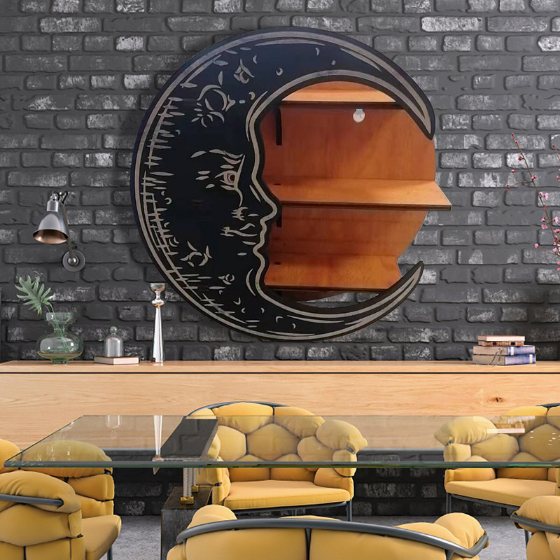 Raft decorativ din lemn Suport de depozitare în formă de lună, suspendat pe perete, pentru ochelari, Suport de cristal, Suport pentru raft pentru uleiuri esențiale Decor pentru casă