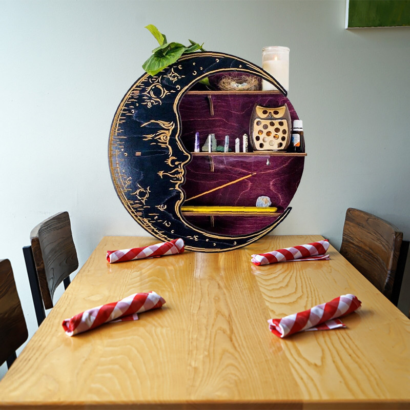 Raft decorativ din lemn Suport de depozitare în formă de lună, suspendat pe perete, pentru ochelari, Suport de cristal, Suport pentru raft pentru uleiuri esențiale Decor pentru casă