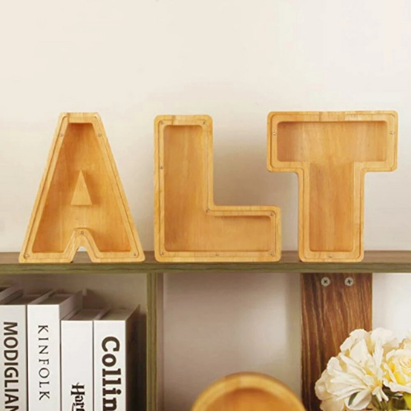 Cutie de depozitare bani din lemn cu literă engleză de la A la N Borcan Cutie de economisire cu alfabet englezesc creativ Pușculiță personalizată