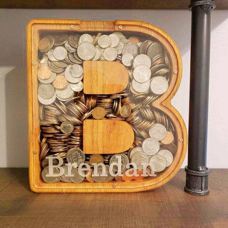 Cutie de depozitare bani din lemn cu literă engleză de la A la N Borcan Cutie de economisire cu alfabet englezesc creativ Pușculiță personalizată