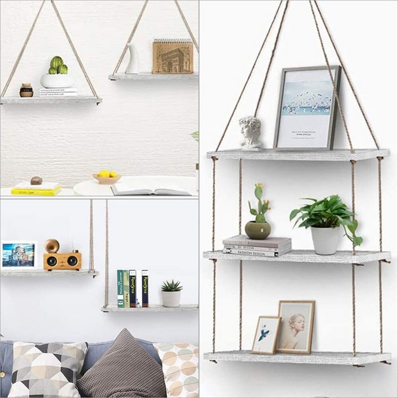 Leagăn din frânghie din lemn pentru agățat pe perete pentru plante, ghiveci, rafturi de perete plutitoare montate în tavă, decorație nordică, design simplu și modern