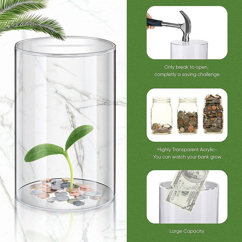Skaidrus akrilo taupyklės cilindrinis didelės talpos taupyklės skaidraus taupyklės indelis grynieji pinigai ir monetos