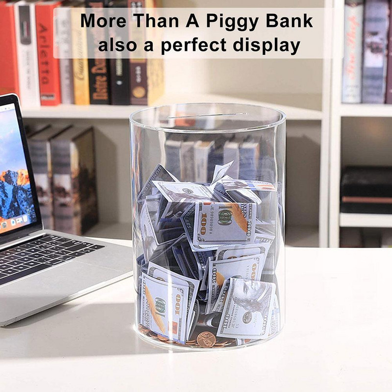 Skaidrus akrilo taupyklės cilindrinis didelės talpos taupyklės skaidraus taupyklės indelis grynieji pinigai ir monetos