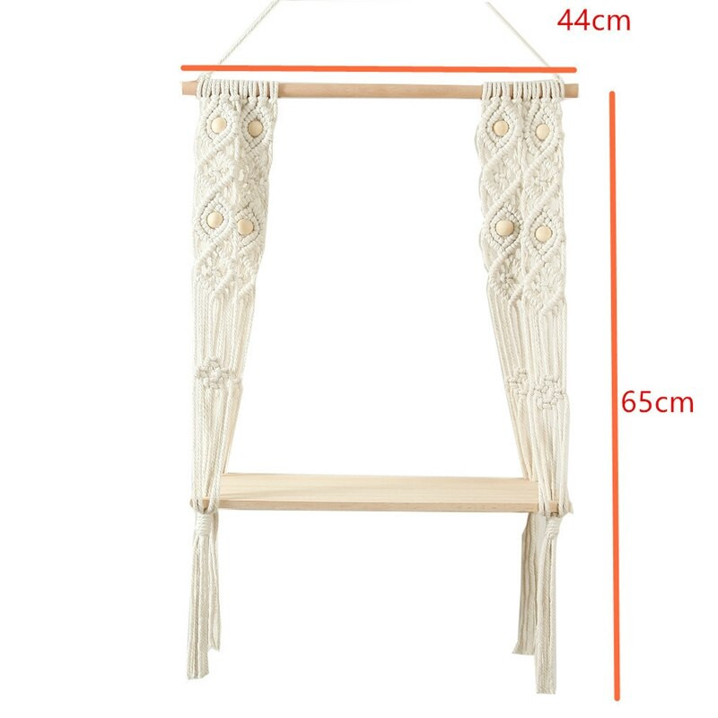 AT69 -Macrame akasztós polc rusztikus Boho 1 szintes polc falra akasztó fapolcok, tökéletesek nappali-hálószoba konyhához