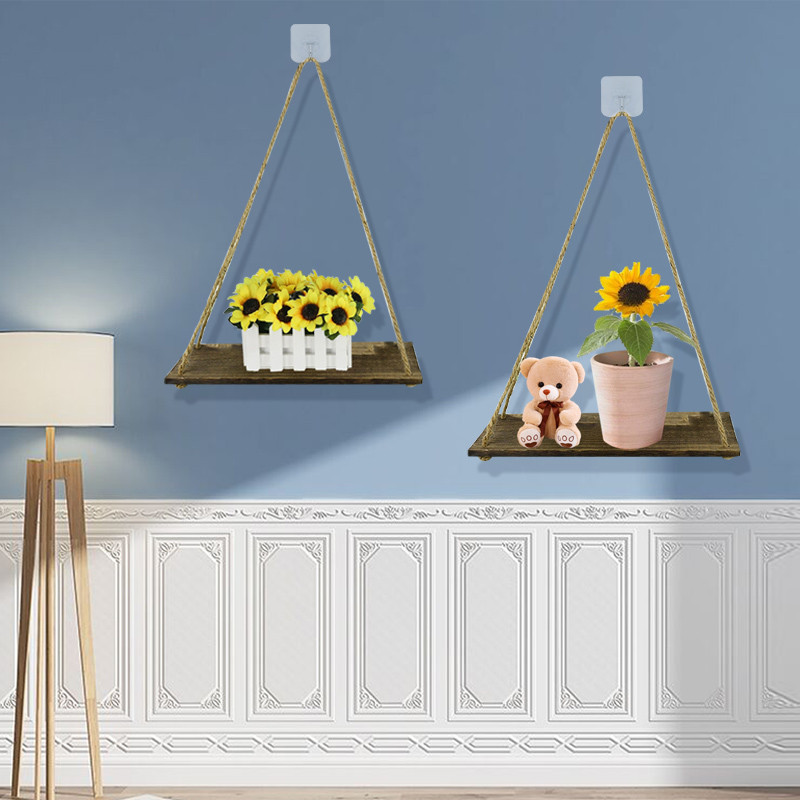 Nou leagăn din frânghie din lemn, agățat pe perete, ghiveci de flori, rafturi plutitoare montate pe perete, decorare pentru interior și exterior, design simplu.