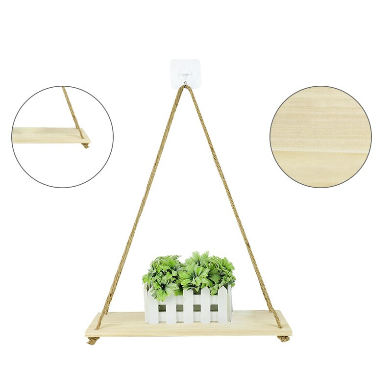 Nou leagăn din frânghie din lemn, agățat pe perete, ghiveci de flori, rafturi plutitoare montate pe perete, decorare pentru interior și exterior, design simplu.