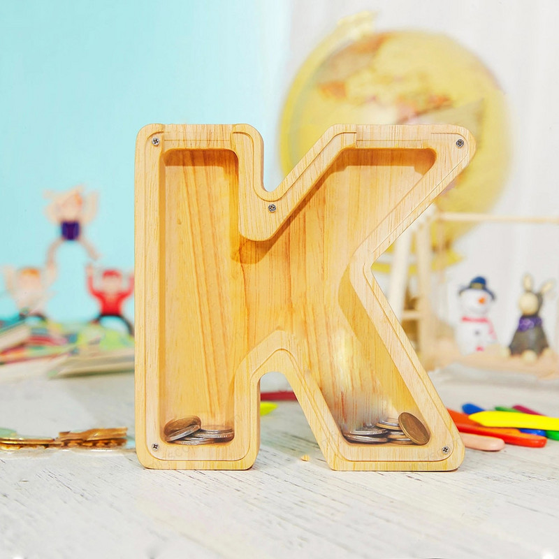 O la Z Cutie de economisire cu alfabet englezesc creativ Literă engleză Cutie de depozitare a banilor din lemn Borcan personalizat Pușculiță Coin Bank