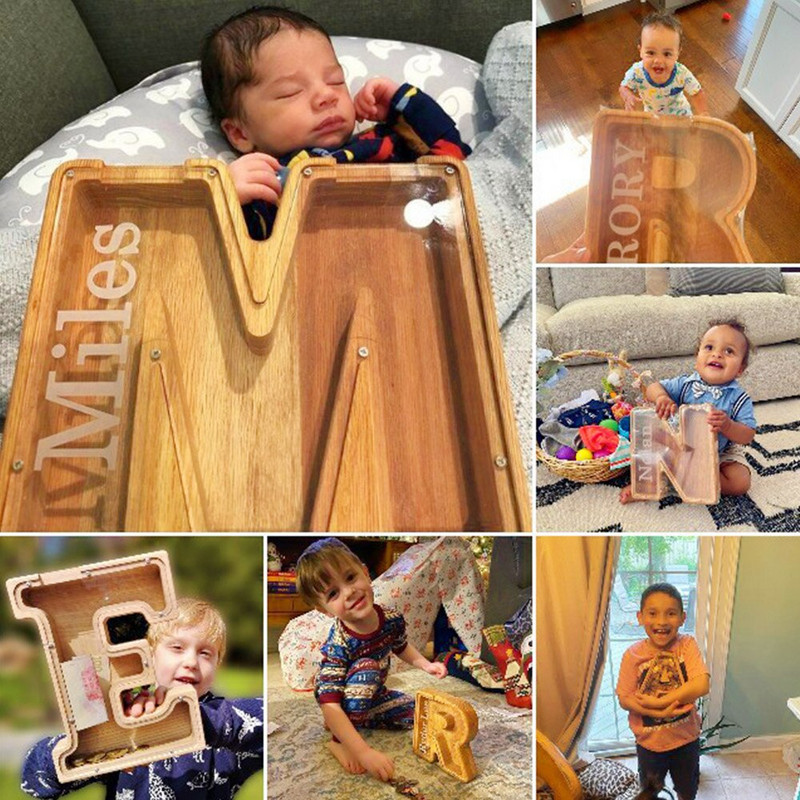 O la Z Cutie de economisire cu alfabet englezesc creativ Literă engleză Cutie de depozitare a banilor din lemn Borcan personalizat Pușculiță Coin Bank