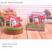 Cat & Mouse Saving Coin Bank Aranyos Automata Kitty Pénzdoboz Műanyag Rajzfilm Egérkosár Piggy Bank 1 db Ingyenes szállítás