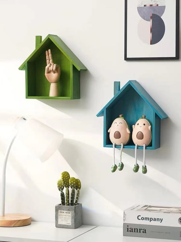 Decor de pereți pentru casă din lemn pentru amenajarea camerei copiilor Rafturi în formă de casă din lemn pentru decorarea camerei raft pentru casă vintage maro albastru