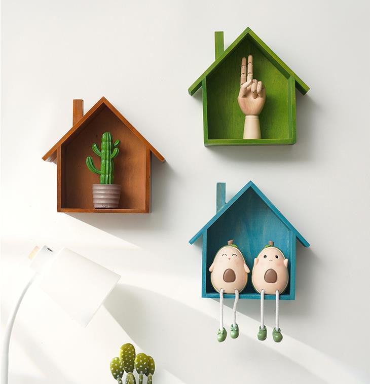 Decor de pereți pentru casă din lemn pentru amenajarea camerei copiilor Rafturi în formă de casă din lemn pentru decorarea camerei raft pentru casă vintage maro albastru