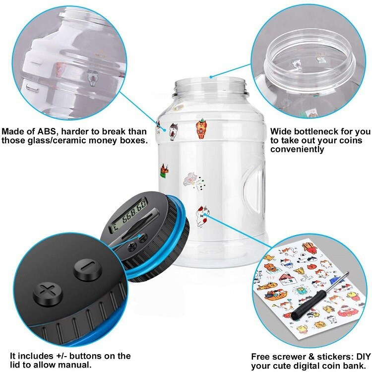 1.8L Касичка Брояч на монети Електронен цифров LCD брояч на монети Кутия за пестене на пари Буркан Кутия за съхранение на монети с ключалка Евро GBP Пари