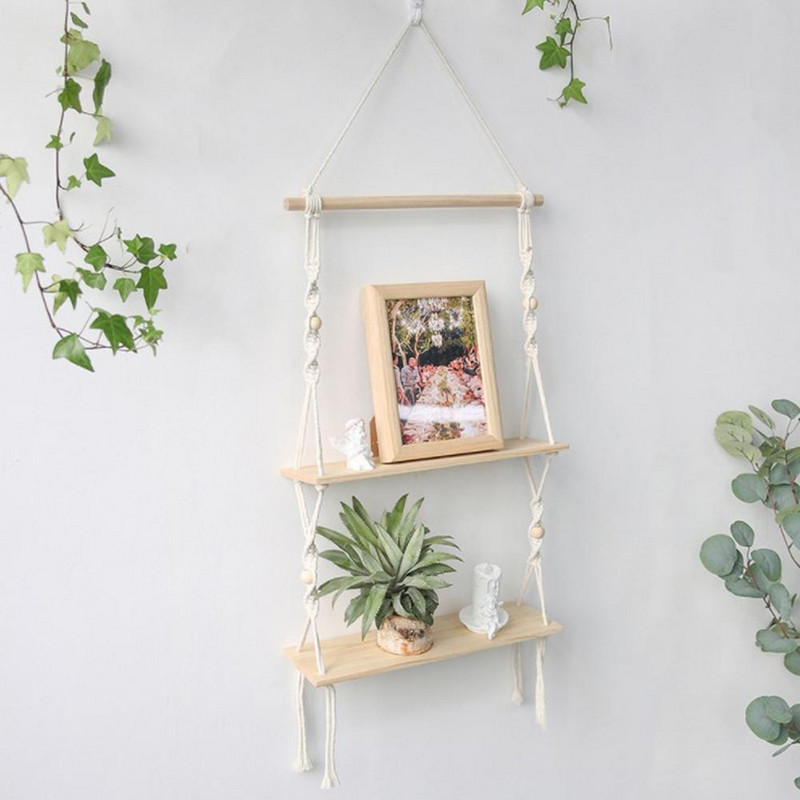 Rafturi macrame pentru dormitor și plante Boho Decor Home Decor de Crăciun Raft de perete din lemn Suport pentru lumânări Rafturi plutitoare Cadou