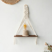 Rafturi din lemn pentru agățat pe perete - Raft pentru plante agățat din macrame Boho, suport pentru suport pentru ghiveci pentru flori, cu cuier rustic, lucrat manual