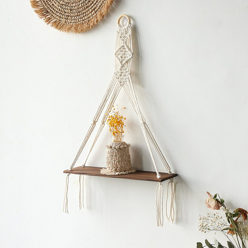 Rafturi din lemn pentru agățat pe perete - Raft pentru plante agățat din macrame Boho, suport pentru suport pentru ghiveci pentru flori, cu cuier rustic, lucrat manual