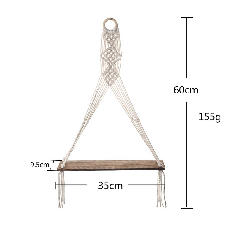 Rafturi din lemn pentru agățat pe perete - Raft pentru plante agățat din macrame Boho, suport pentru suport pentru ghiveci pentru flori, cu cuier rustic, lucrat manual