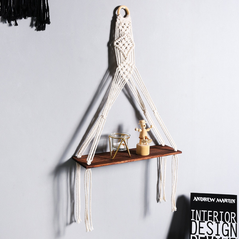 Rafturi din lemn pentru agățat pe perete - Raft pentru plante agățat din macrame Boho, suport pentru suport pentru ghiveci pentru flori, cu cuier rustic, lucrat manual