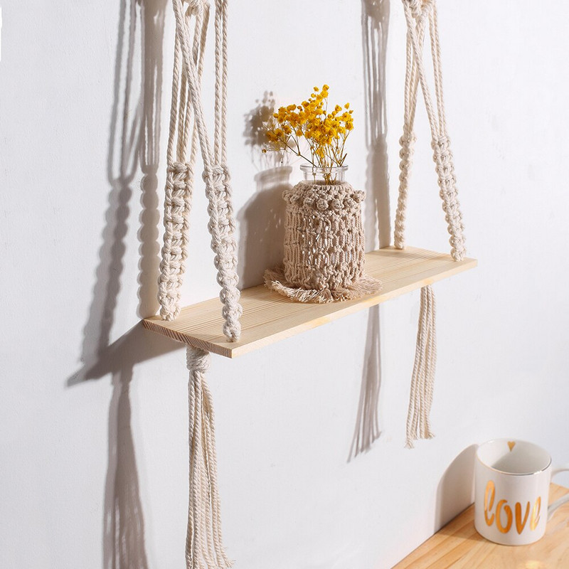 Makramé polc fali dekoráció Boho Home Decor Lebegő polcok fali vitrinhez Polc Hálószoba szervező Növényállvány szoba dekoráció
